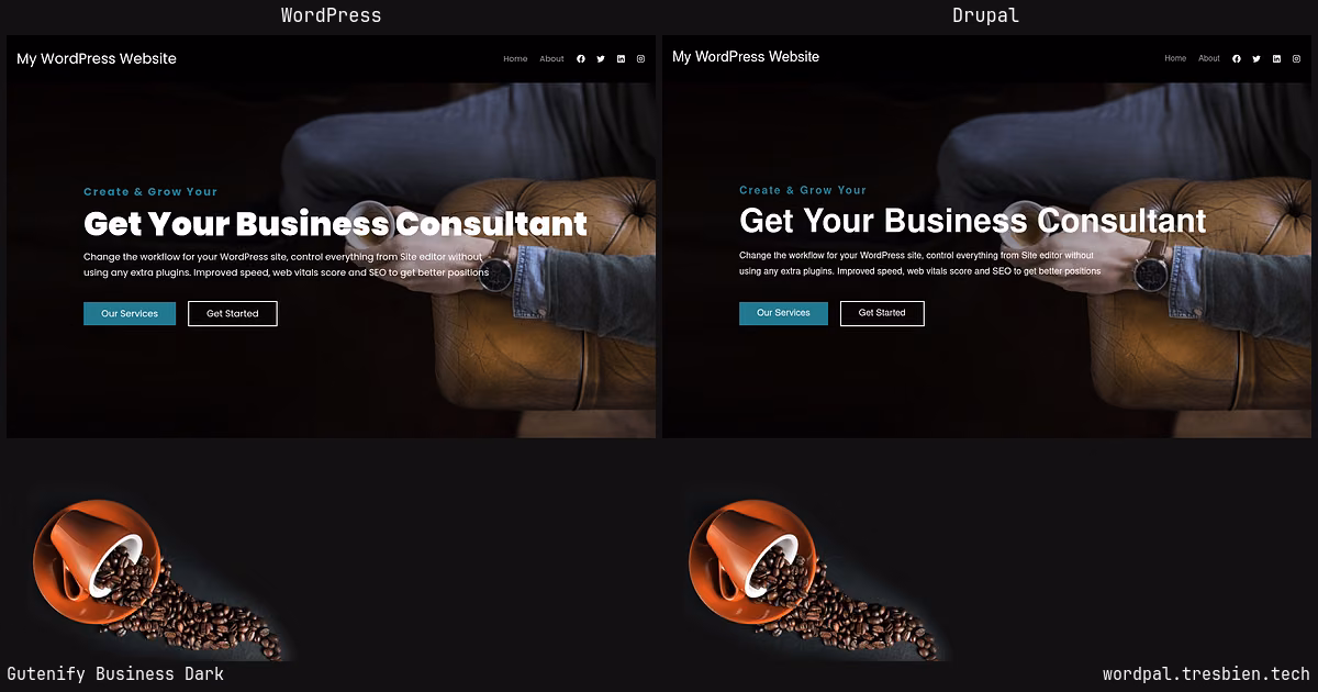 Gutenify Business Dark home page: WordPress original on the left, Drupal conversion by WordPal on the right.