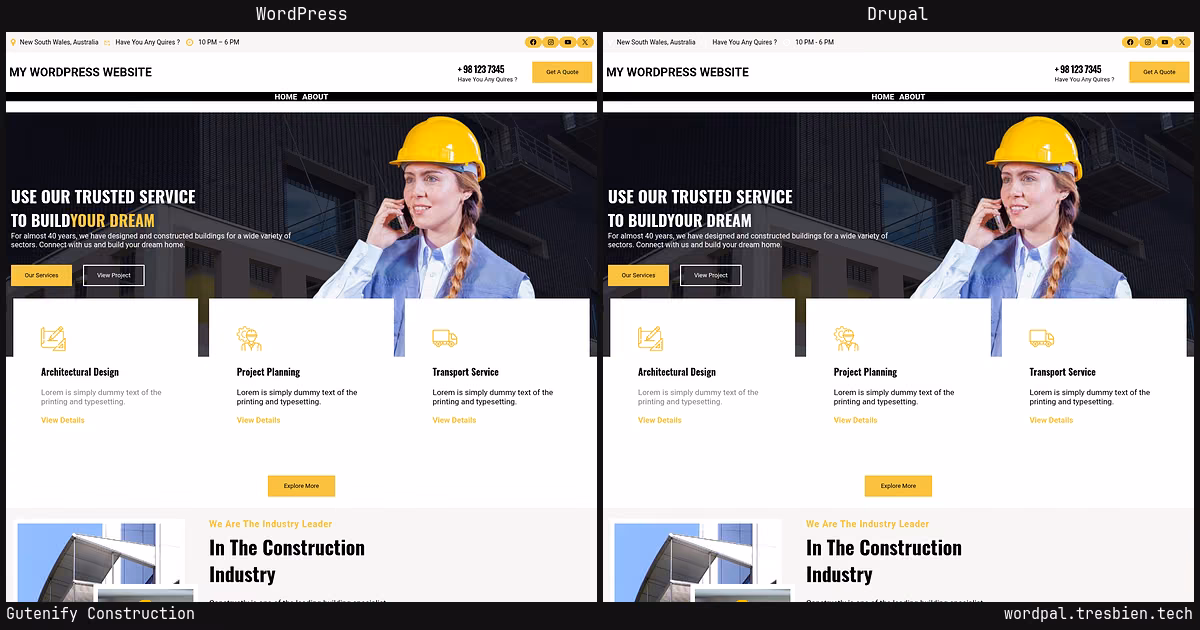 Gutenify Construction home page: WordPress original on the left, Drupal conversion by WordPal on the right. 10 elements differ.