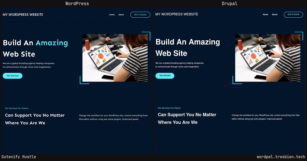 Gutenify Hustle home page: WordPress original on the left, Drupal conversion by WordPal on the right. 7 elements differ.