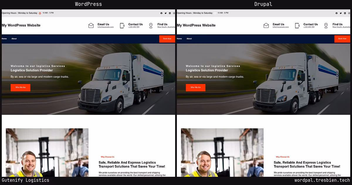 Gutenify Logistics home page: WordPress original on the left, Drupal conversion by WordPal on the right. 12 elements differ.