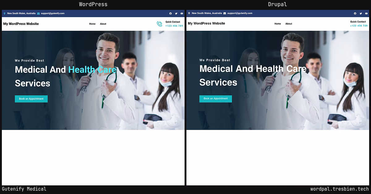 Gutenify Medical home page: WordPress original on the left, Drupal conversion by WordPal on the right. 7 elements differ.