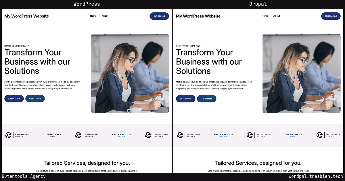 Gutentools Agency home page: WordPress original on the left, Drupal conversion by WordPal on the right. 6 elements differ.