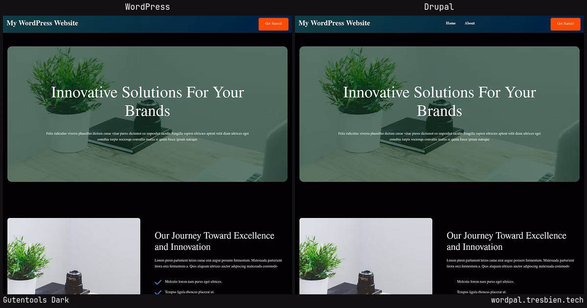Gutentools Dark home page: WordPress original on the left, Drupal conversion by WordPal on the right. 11 elements differ.