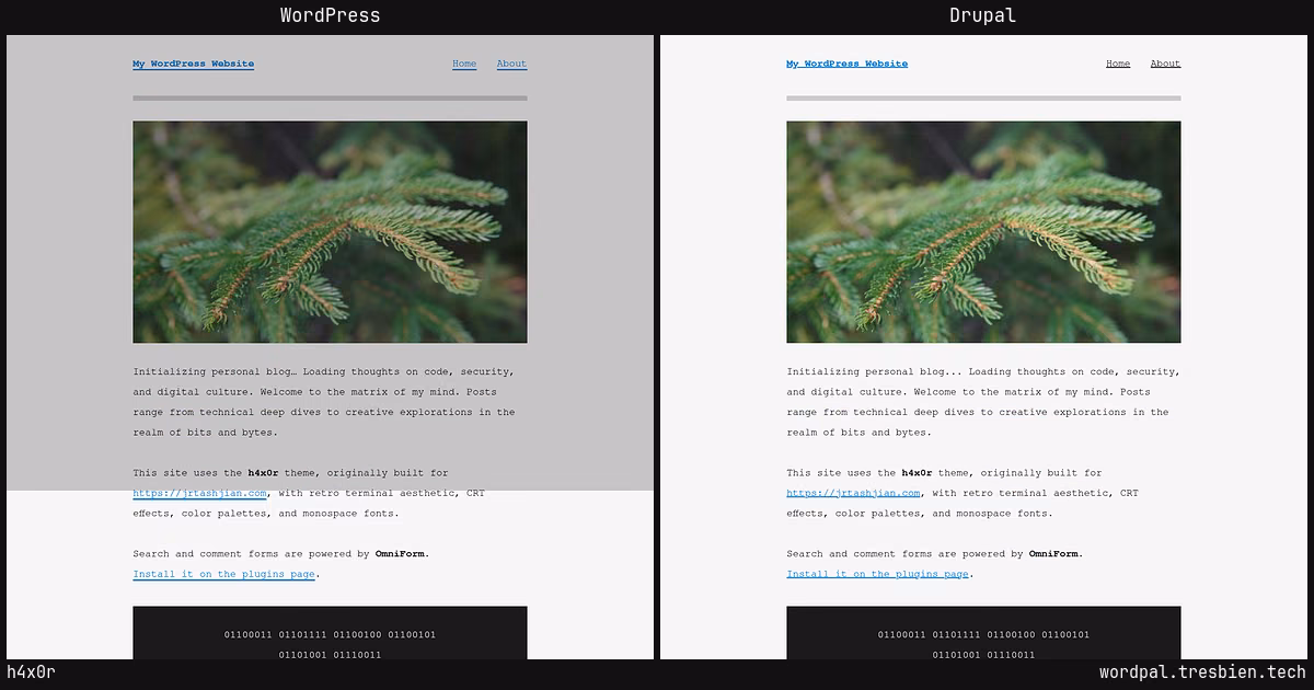 h4x0r home page: WordPress original on the left, Drupal conversion by WordPal on the right.