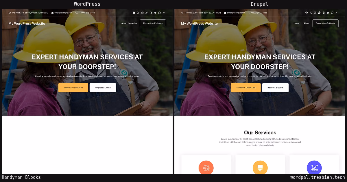 Handyman Blocks home page: WordPress original on the left, Drupal conversion by WordPal on the right. 33 elements differ.