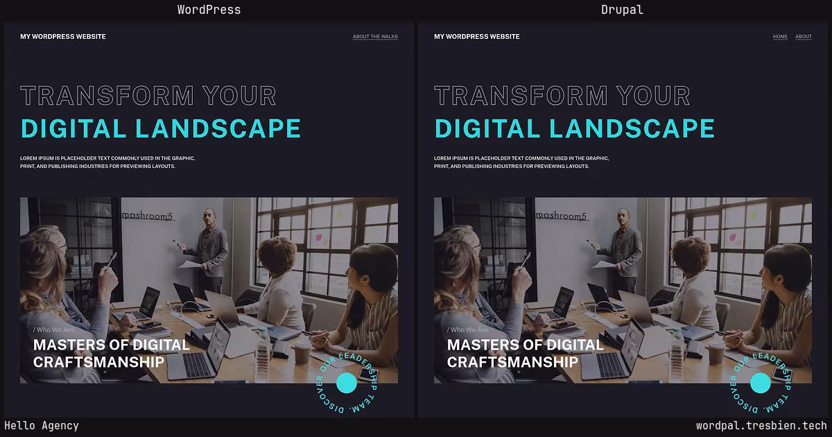 Hello Agency home page: WordPress original on the left, Drupal conversion by WordPal on the right. 2 elements differ.
