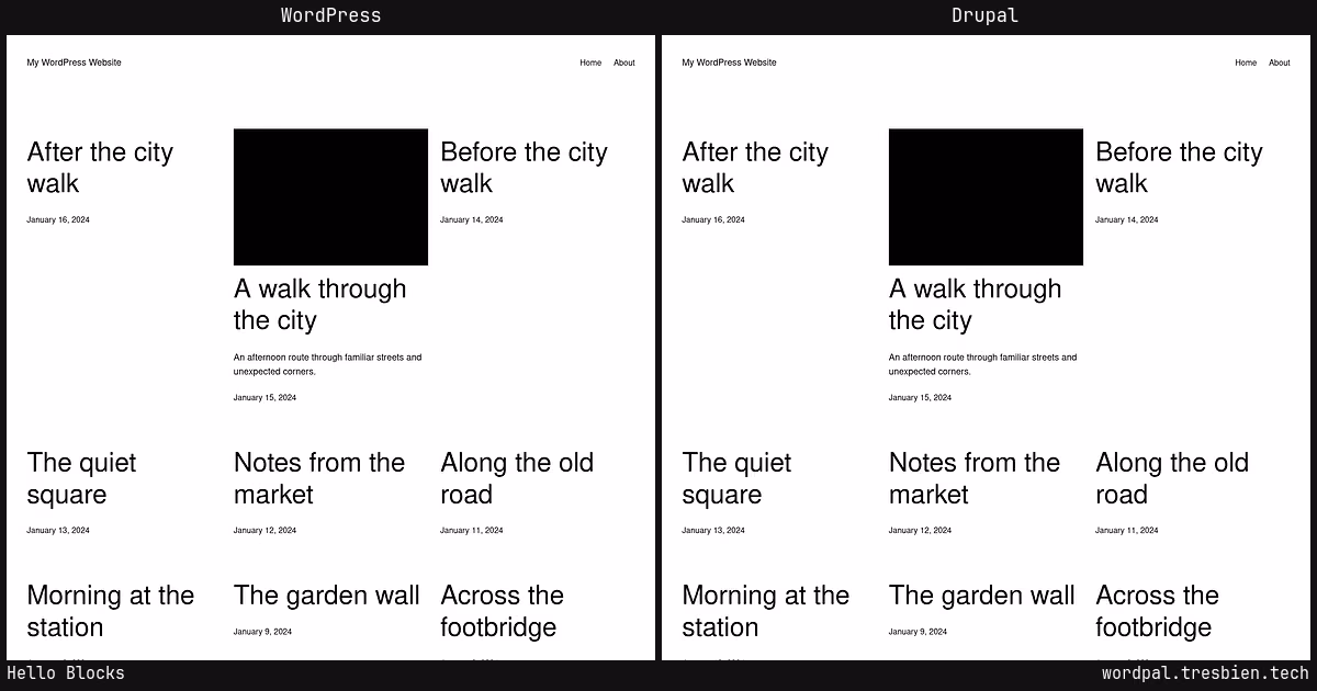 Hello Blocks home page: WordPress original on the left, Drupal conversion by WordPal on the right.