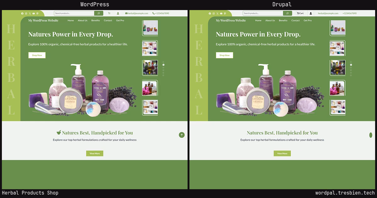 Herbal Products Shop home page: WordPress original on the left, Drupal conversion by WordPal on the right. 21 elements differ.