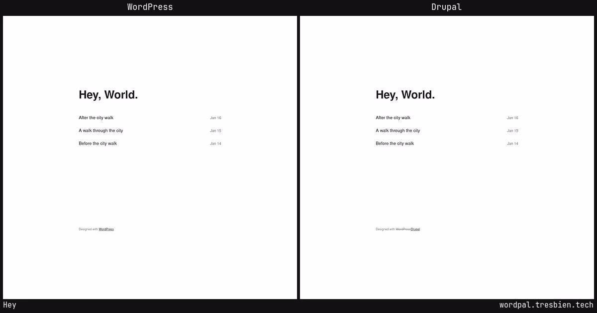 Hey home page: WordPress original on the left, Drupal conversion by WordPal on the right.