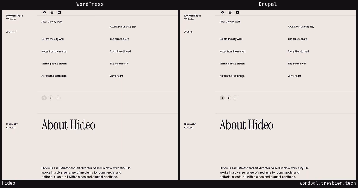 Hideo home page: WordPress original on the left, Drupal conversion by WordPal on the right.