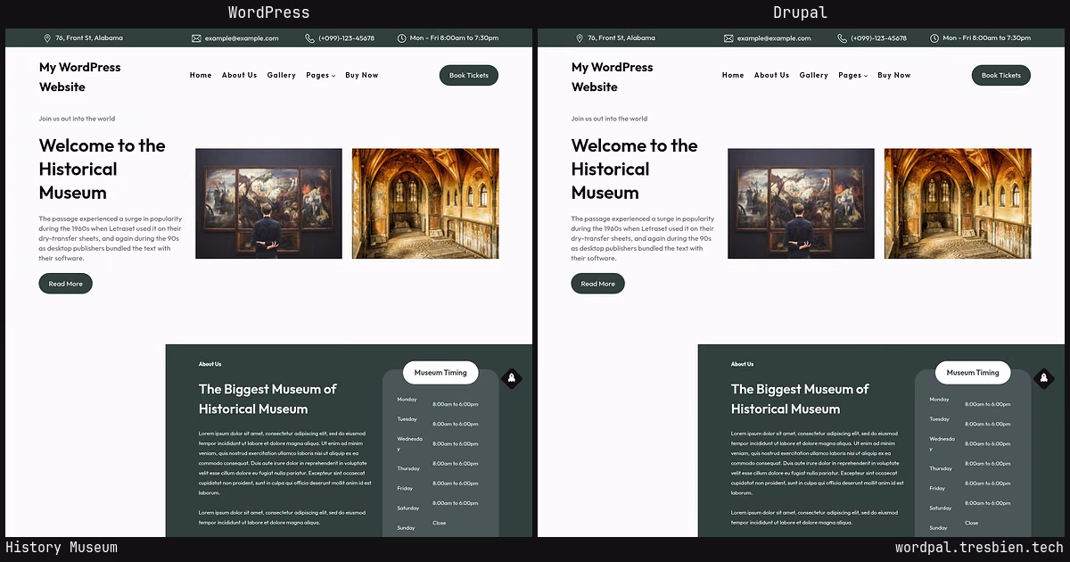 History Museum home page: WordPress original on the left, Drupal conversion by WordPal on the right. 1 elements differ.