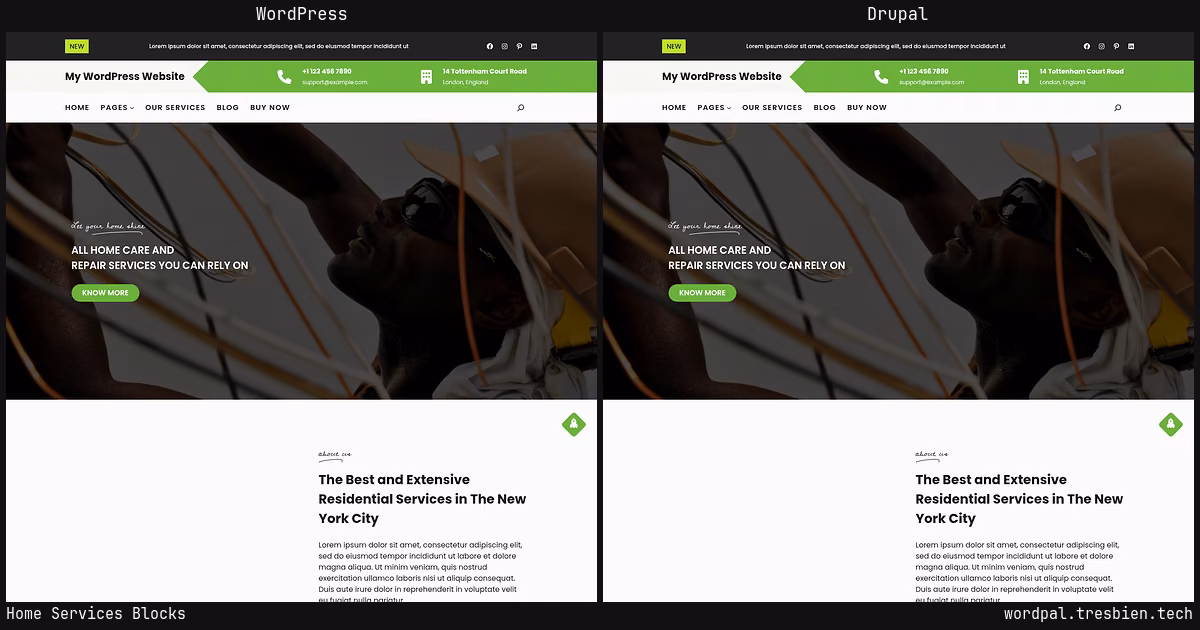 Home Services Blocks home page: WordPress original on the left, Drupal conversion by WordPal on the right. 2 elements differ.