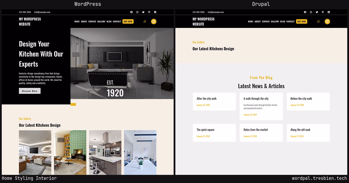 Home Styling Interior home page: WordPress original on the left, Drupal conversion by WordPal on the right. 4 elements differ.
