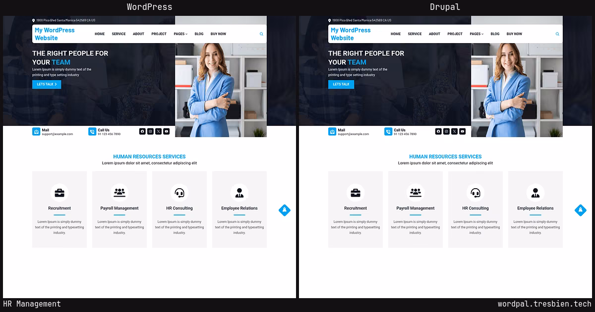 HR Management home page: WordPress original on the left, Drupal conversion by WordPal on the right. 2 elements differ.