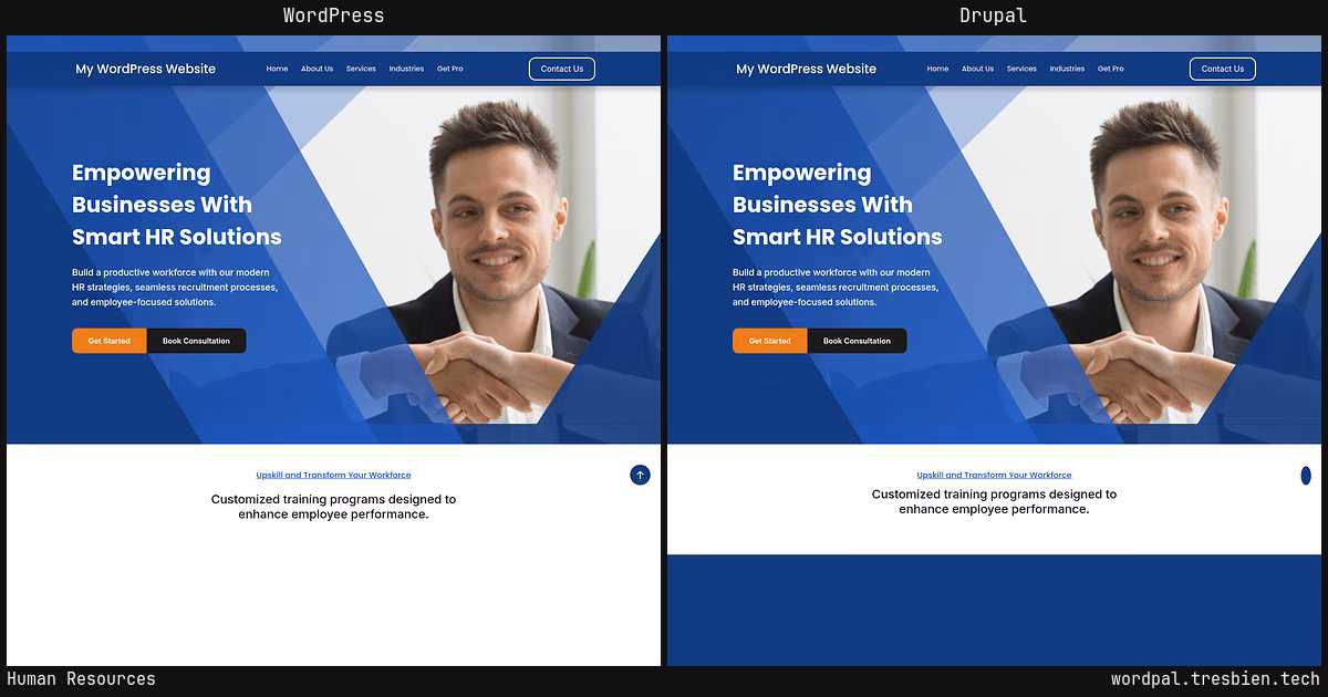 Human Resources home page: WordPress original on the left, Drupal conversion by WordPal on the right. 14 elements differ.