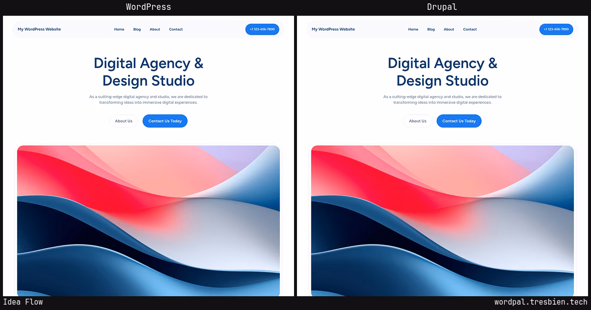 Idea Flow home page: WordPress original on the left, Drupal conversion by WordPal on the right. 2 elements differ.