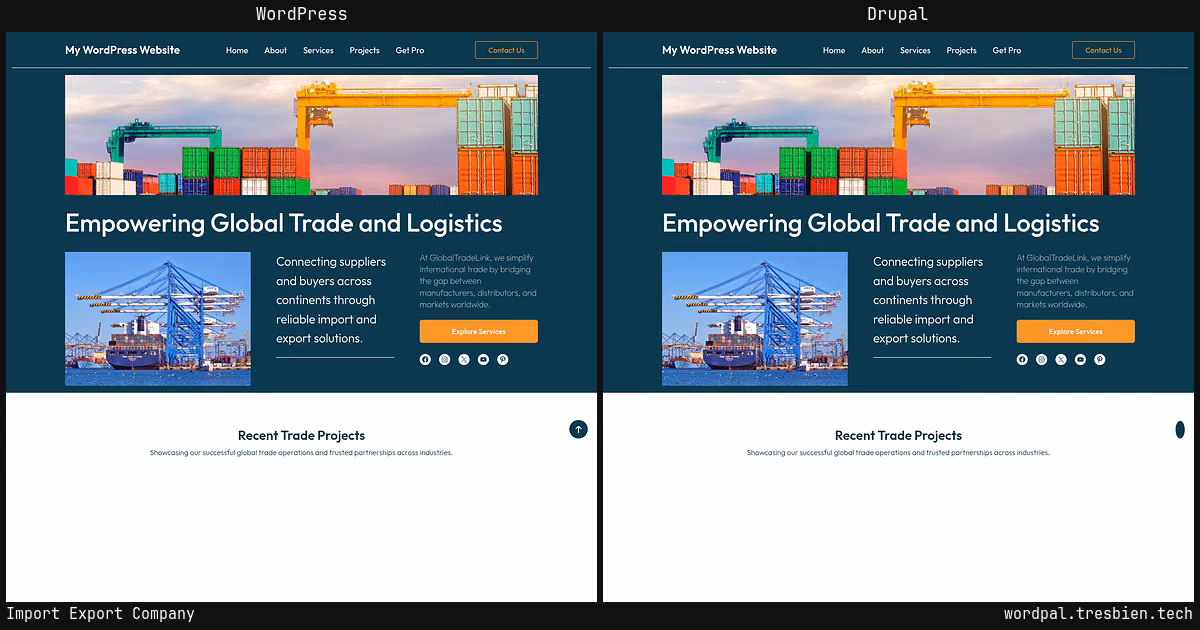 Import Export Company home page: WordPress original on the left, Drupal conversion by WordPal on the right. 15 elements differ.
