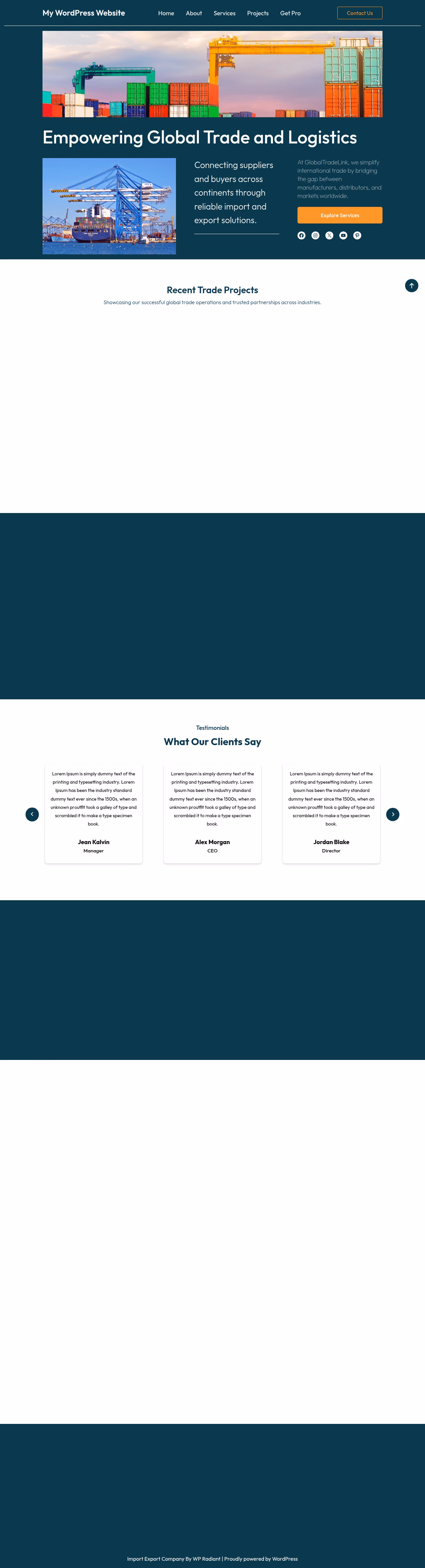 Import Export Company home page, WordPress original