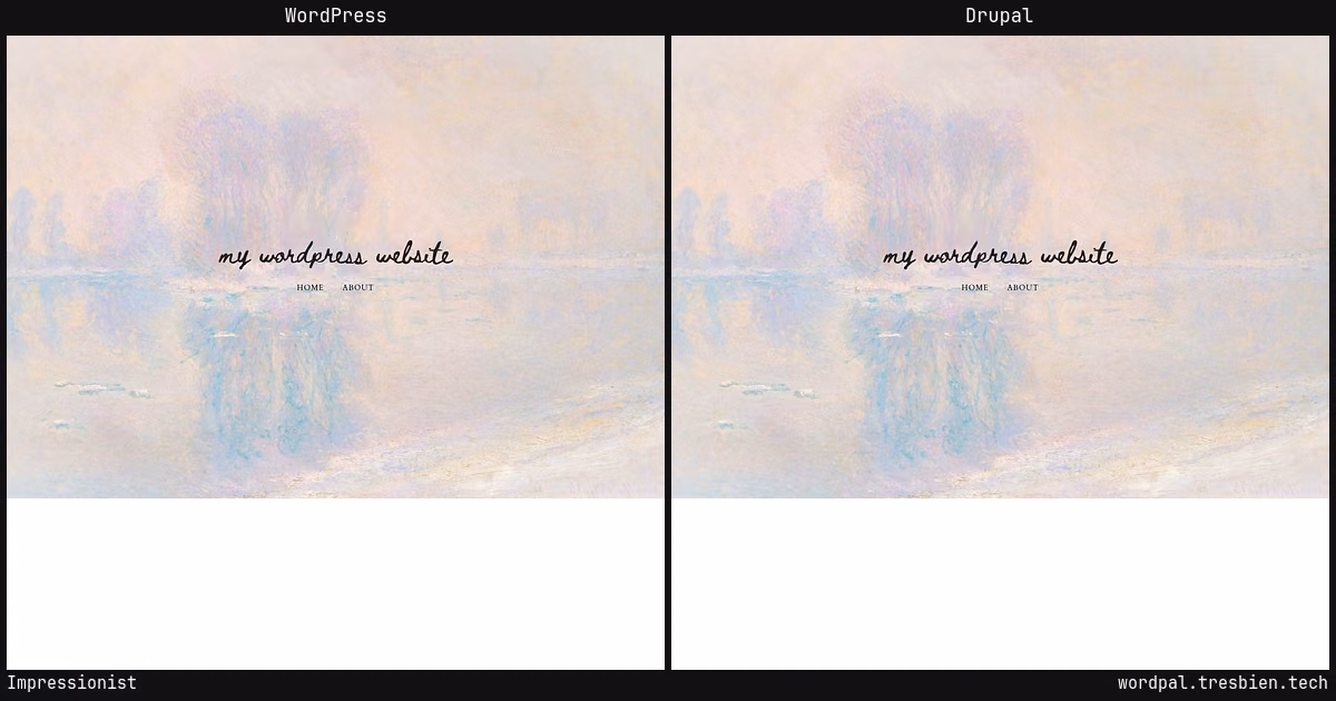Impressionist home page: WordPress original on the left, Drupal conversion by WordPal on the right.