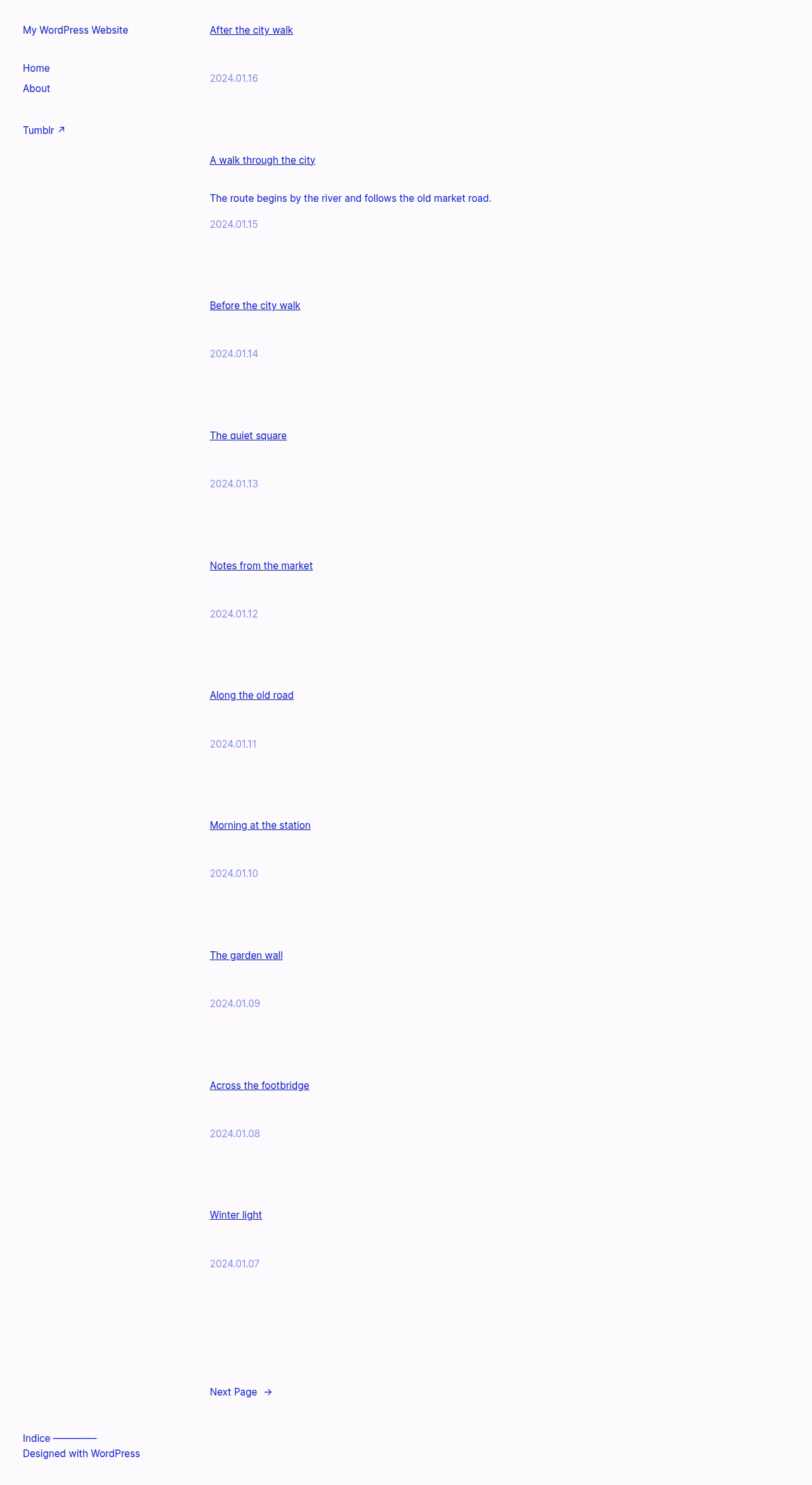 Indice home page, WordPress original