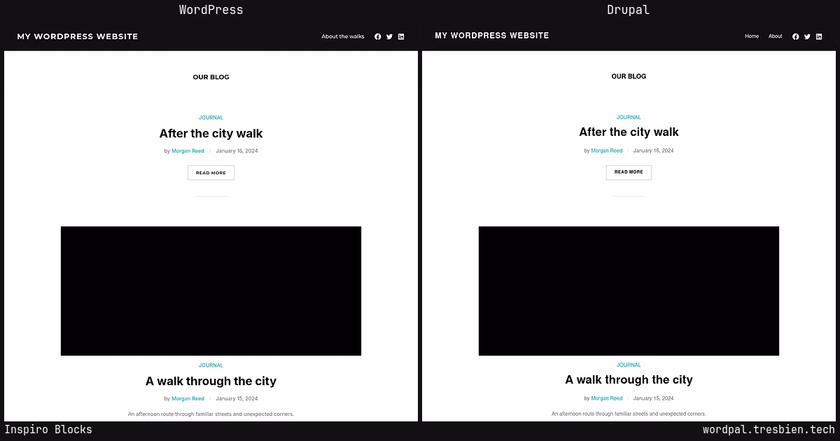 Inspiro Blocks home page: WordPress original on the left, Drupal conversion by WordPal on the right. 2 elements differ.
