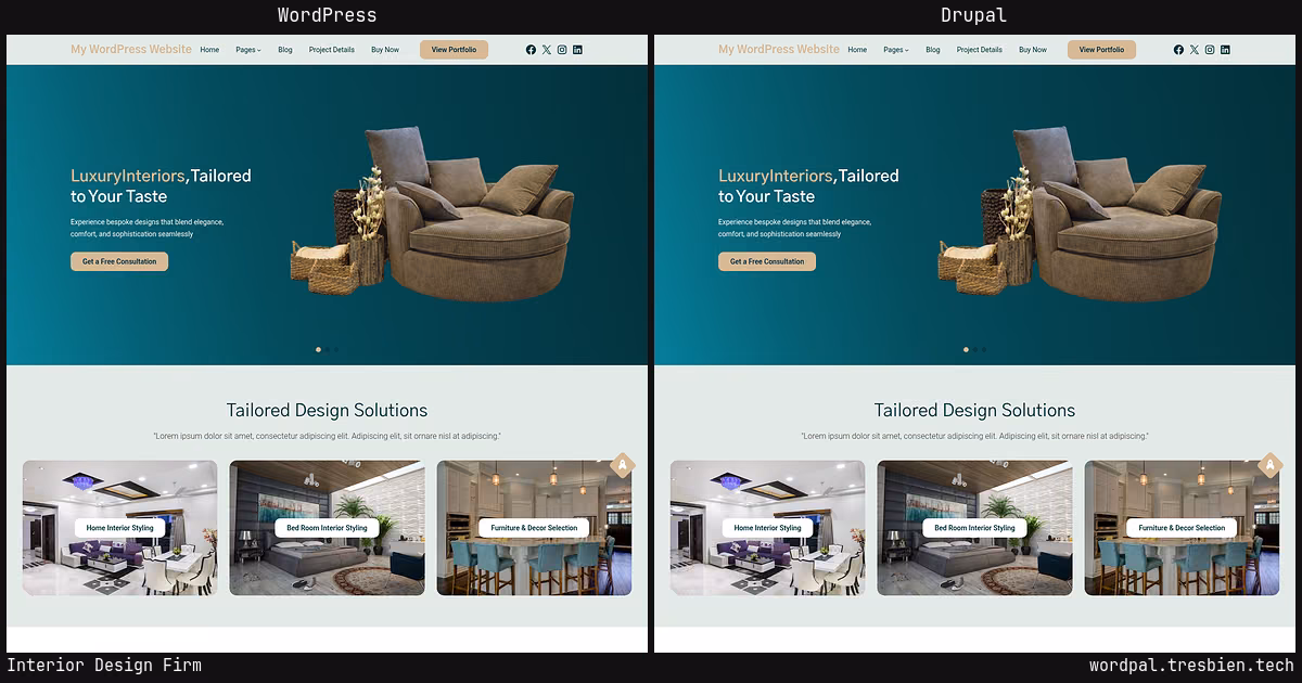 Interior Design Firm home page: WordPress original on the left, Drupal conversion by WordPal on the right. 1 elements differ.
