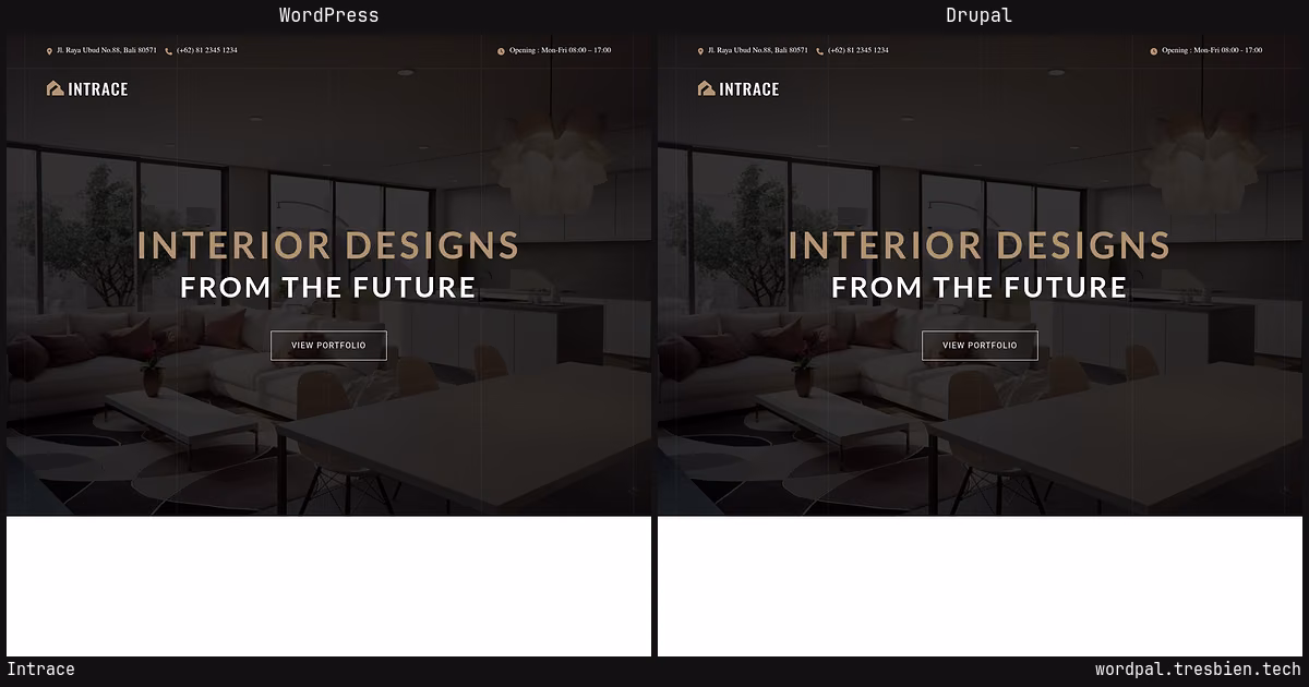 Intrace home page: WordPress original on the left, Drupal conversion by WordPal on the right.