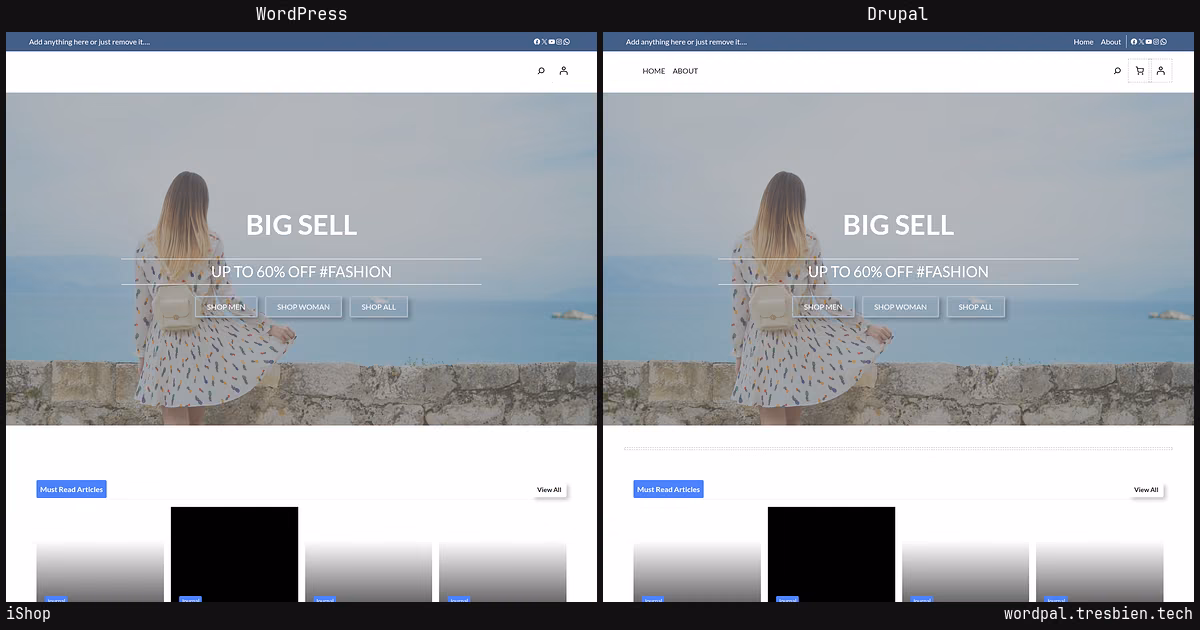 iShop home page: WordPress original on the left, Drupal conversion by WordPal on the right. 5 elements differ.