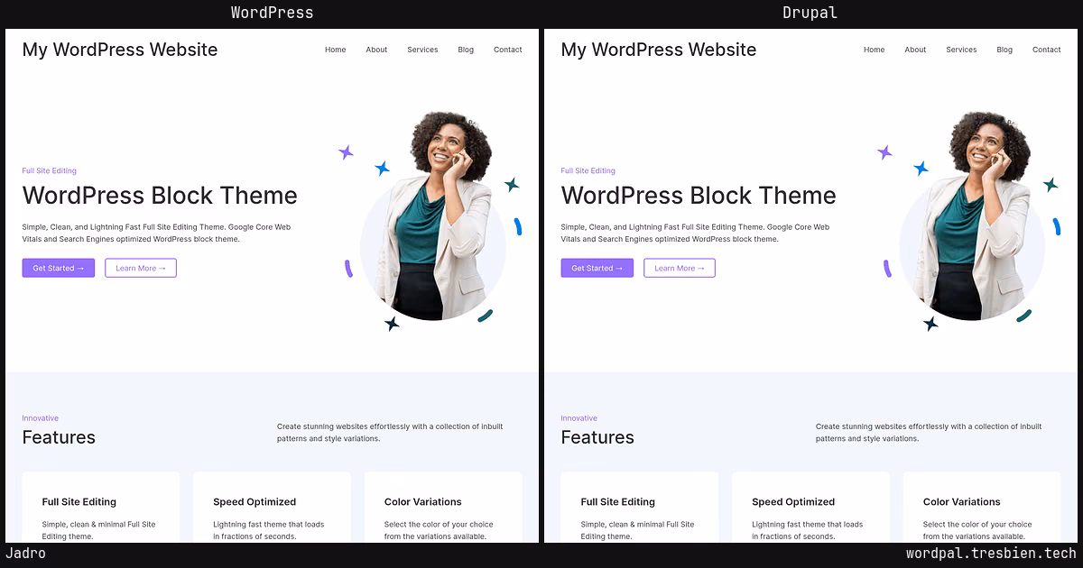 Jadro home page: WordPress original on the left, Drupal conversion by WordPal on the right. 3 elements differ.
