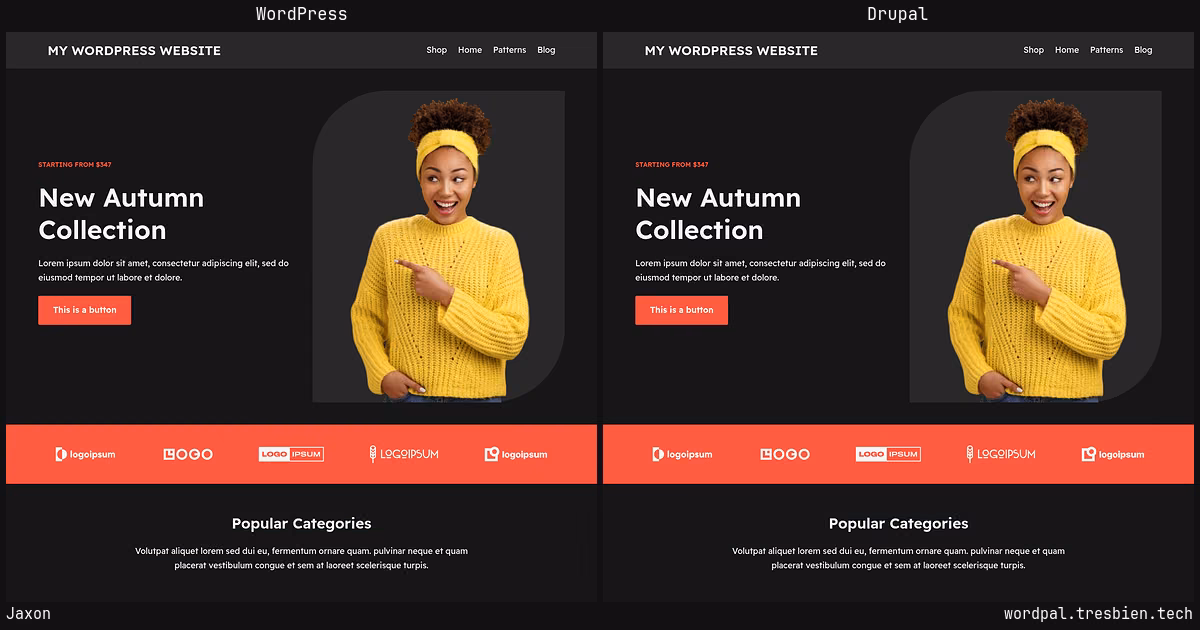 Jaxon home page: WordPress original on the left, Drupal conversion by WordPal on the right.