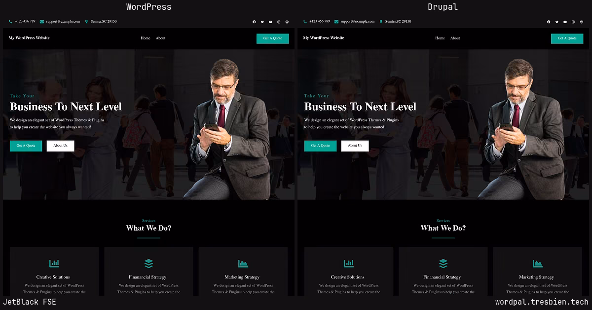 JetBlack FSE home page: WordPress original on the left, Drupal conversion by WordPal on the right.