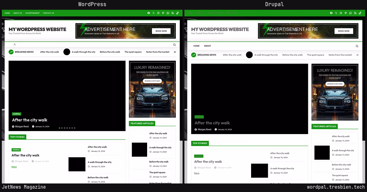 JetNews Magazine home page: WordPress original on the left, Drupal conversion by WordPal on the right. 7 elements differ.