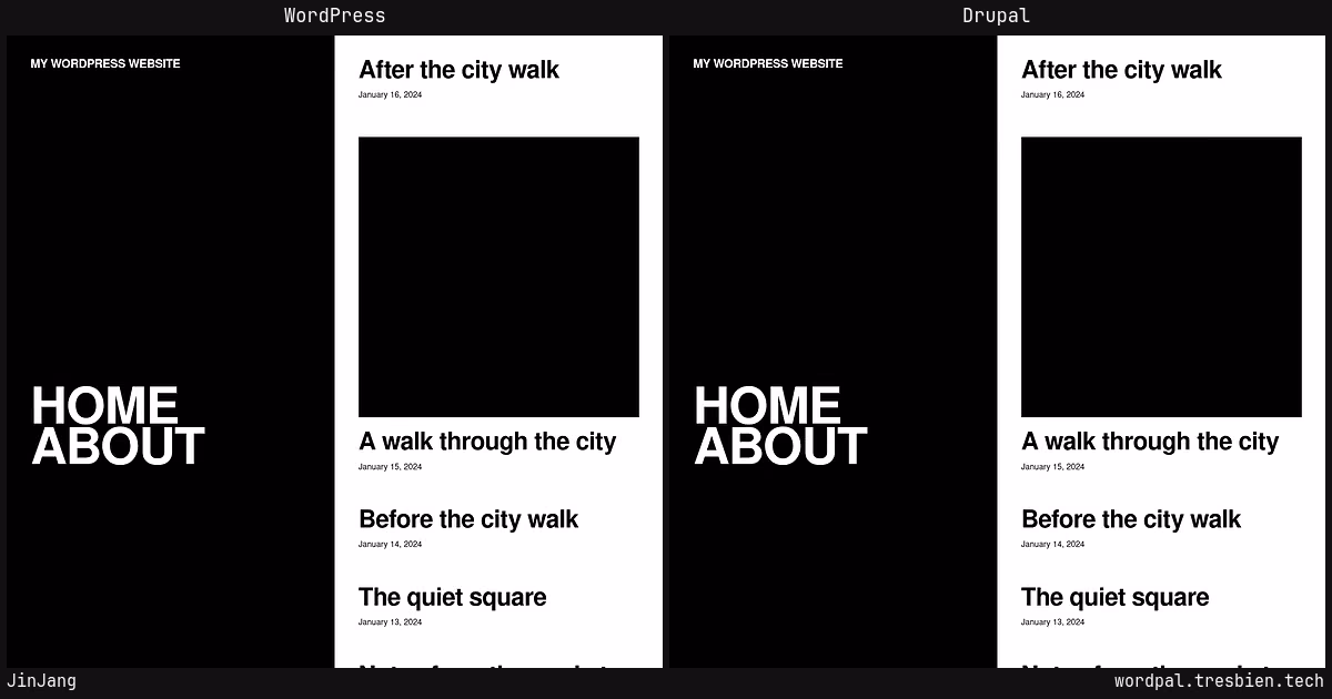 JinJang home page: WordPress original on the left, Drupal conversion by WordPal on the right.