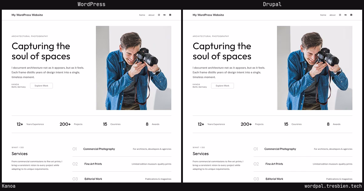 Kanoa home page: WordPress original on the left, Drupal conversion by WordPal on the right.