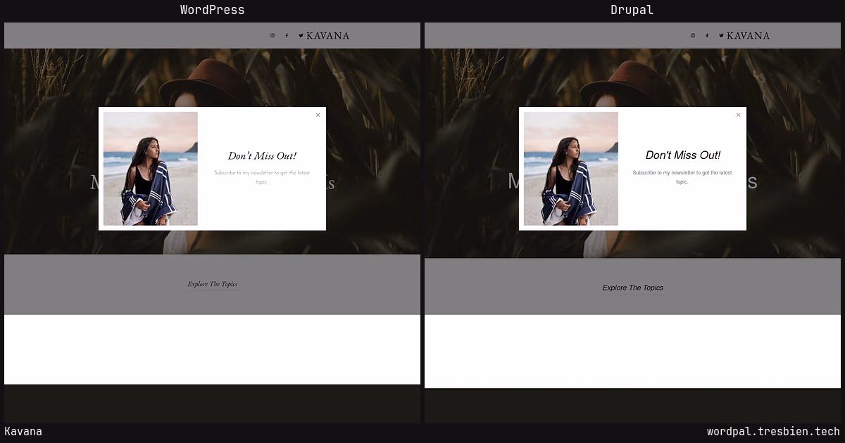 Kavana home page: WordPress original on the left, Drupal conversion by WordPal on the right. 29 elements differ.