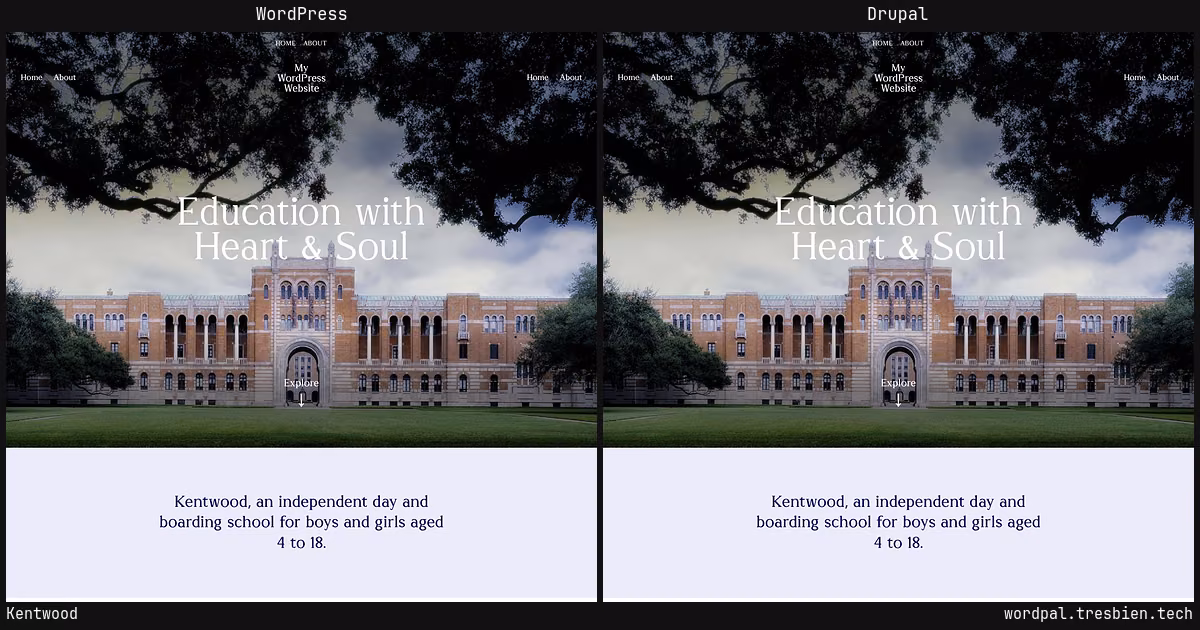 Kentwood home page: WordPress original on the left, Drupal conversion by WordPal on the right. 8 elements differ.