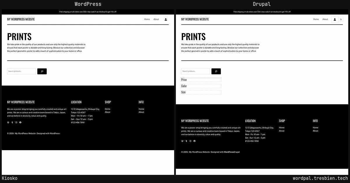 Kiosko home page: WordPress original on the left, Drupal conversion by WordPal on the right. 3 elements differ.