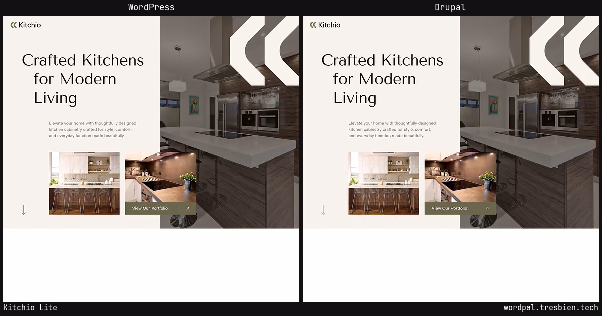 Kitchio Lite home page: WordPress original on the left, Drupal conversion by WordPal on the right. 7 elements differ.