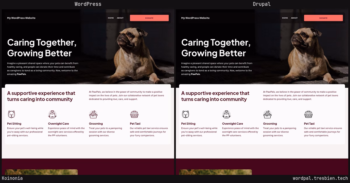 Koinonia home page: WordPress original on the left, Drupal conversion by WordPal on the right. 7 elements differ.