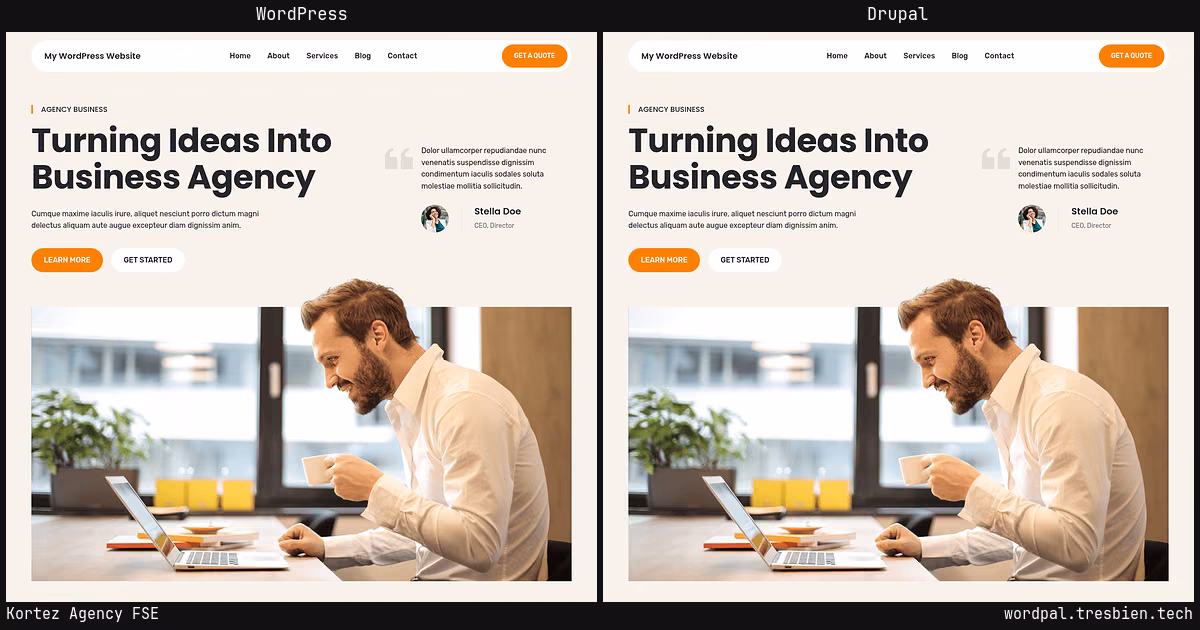 Kortez Agency FSE home page: WordPress original on the left, Drupal conversion by WordPal on the right. 8 elements differ.