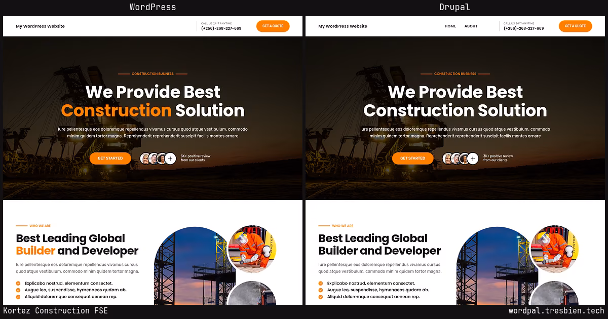 Kortez Construction FSE home page: WordPress original on the left, Drupal conversion by WordPal on the right. 7 elements differ.