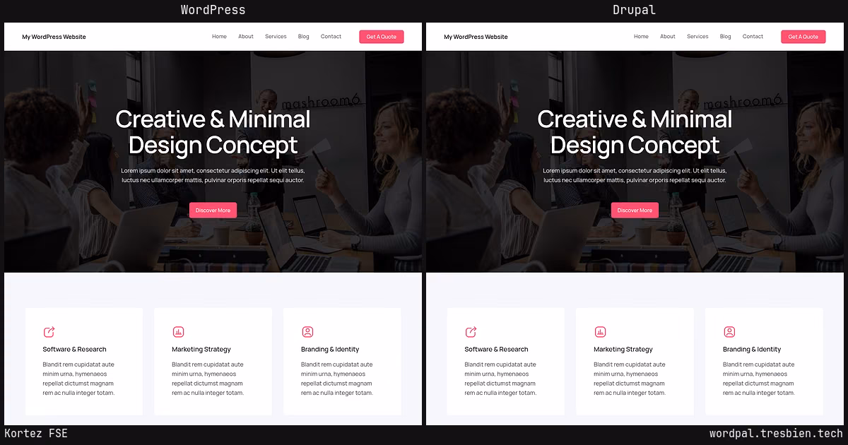 Kortez FSE home page: WordPress original on the left, Drupal conversion by WordPal on the right. 2 elements differ.