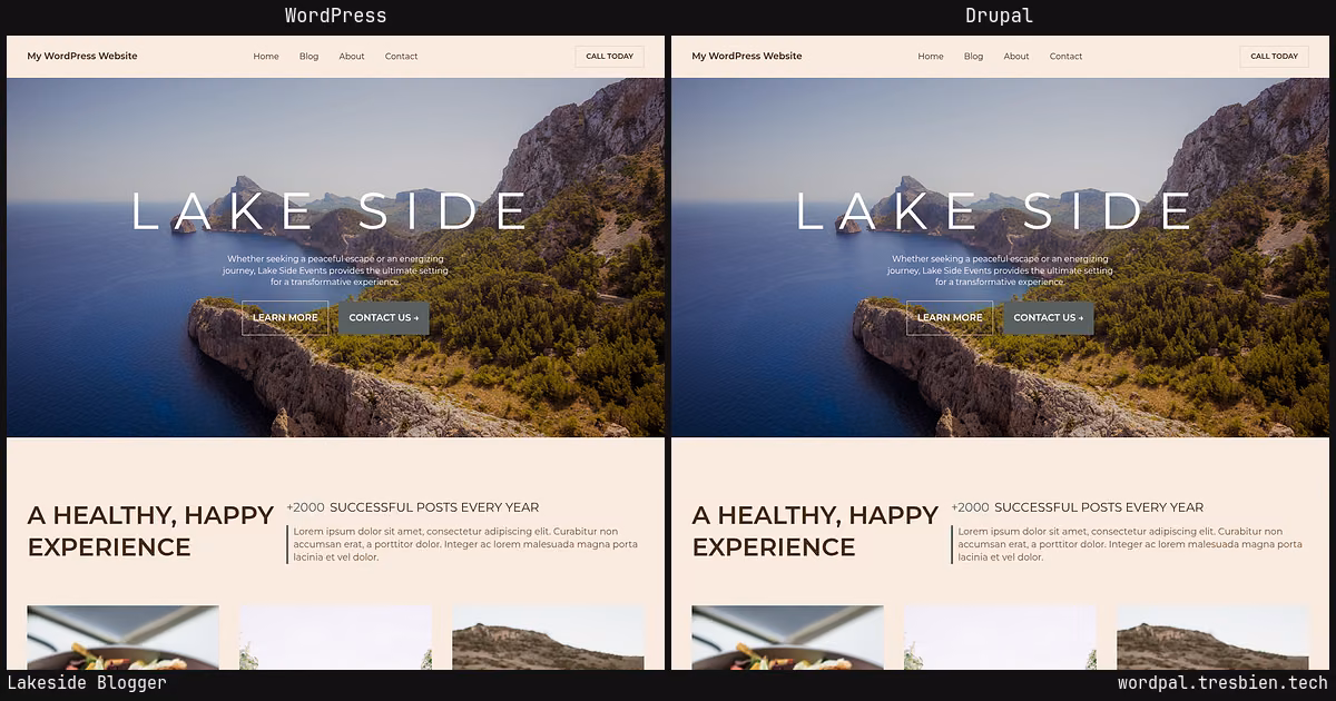 Lakeside Blogger home page: WordPress original on the left, Drupal conversion by WordPal on the right.