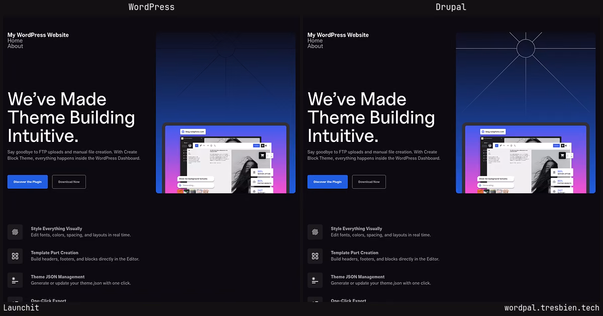 Launchit home page: WordPress original on the left, Drupal conversion by WordPal on the right. 1 elements differ.