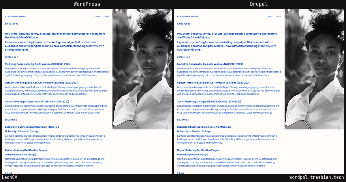 LeanCV home page: WordPress original on the left, Drupal conversion by WordPal on the right. 1 elements differ.