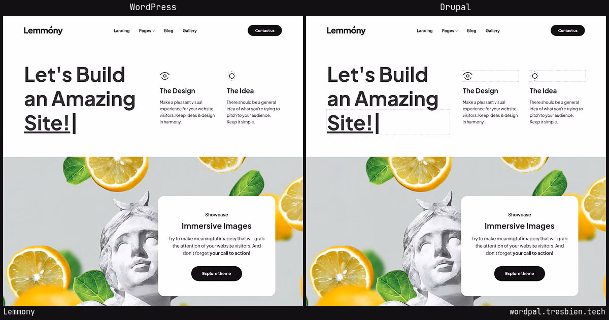 Lemmony home page: WordPress original on the left, Drupal conversion by WordPal on the right.