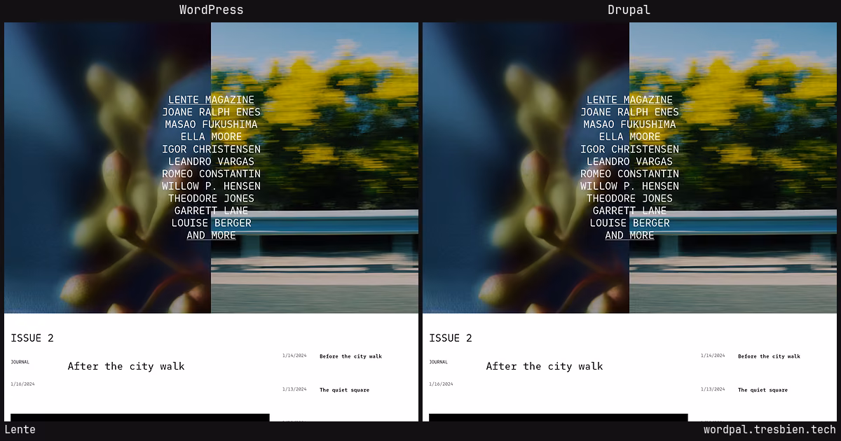 Lente home page: WordPress original on the left, Drupal conversion by WordPal on the right. 1 elements differ.