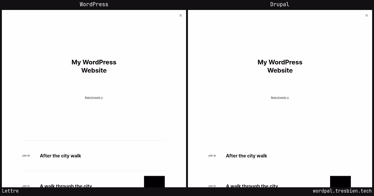Lettre home page: WordPress original on the left, Drupal conversion by WordPal on the right.