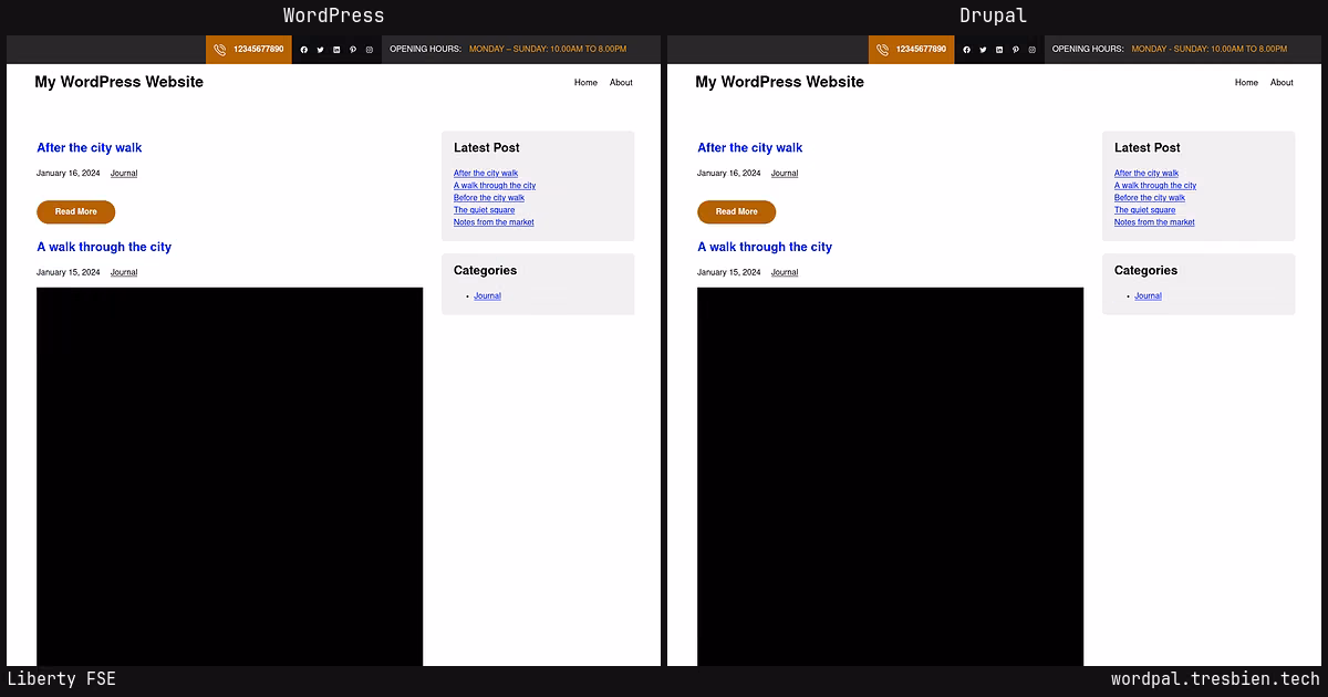 Liberty FSE home page: WordPress original on the left, Drupal conversion by WordPal on the right. 1 elements differ.