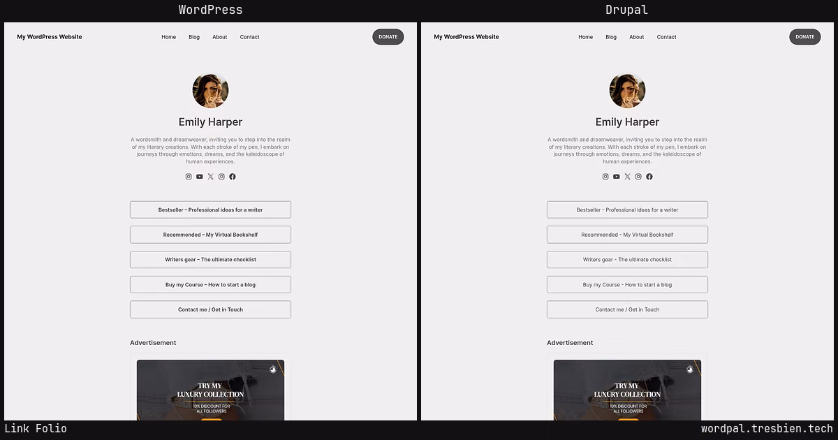 Link Folio home page: WordPress original on the left, Drupal conversion by WordPal on the right.